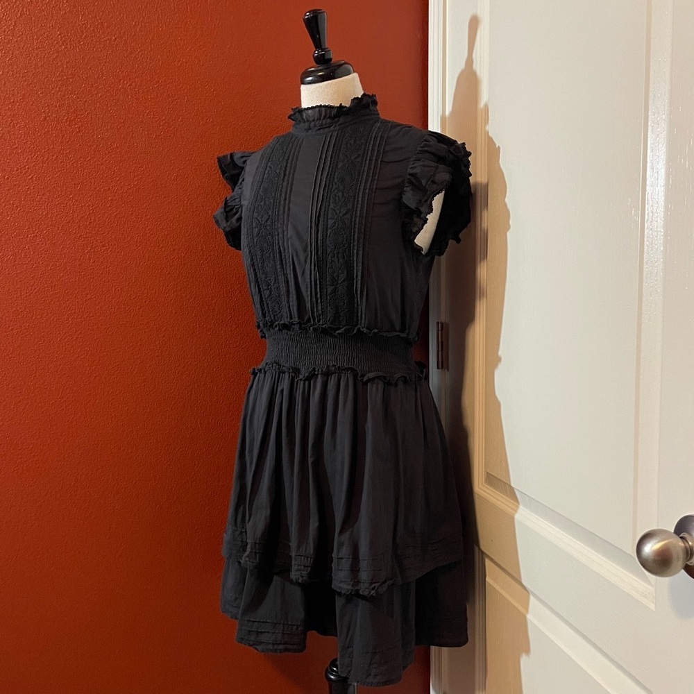 Cleobella Women’s Mock Neck Black Ruffled Tiered Victorian‎ Knee Length Dress
